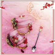 Elegant floral tea mug set with spoon, featuring 3D butterfly design on pink background, ideal gift for Mother's Day.