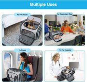 Large soft-sided pet carrier, versatile for travel and use at home, shown with cats and dogs in various settings.
