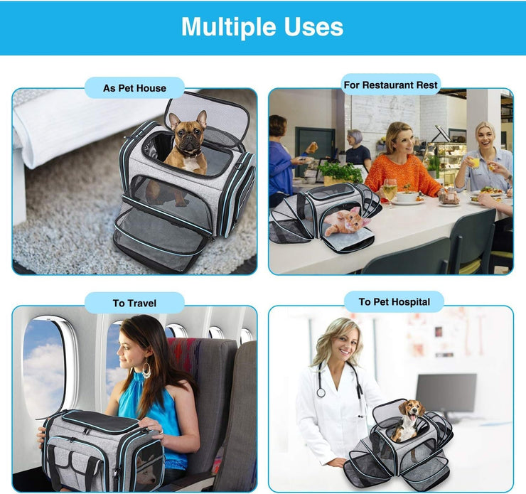 Large soft-sided pet carrier, versatile for travel and use at home, shown with cats and dogs in various settings.