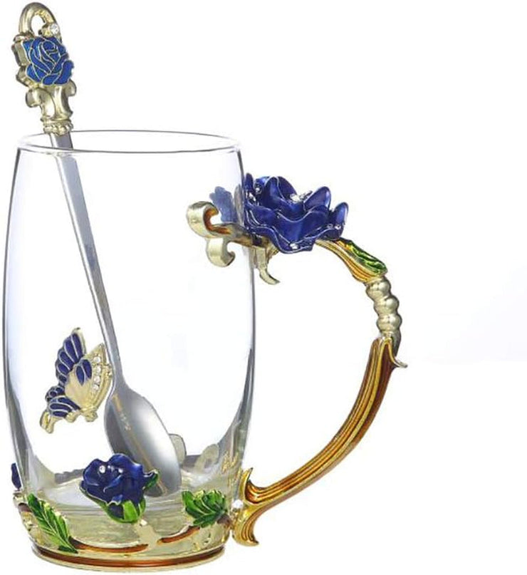 Elegant Floral Tea Mug with Spoon and Butterfly Design