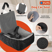 IFurffy dog car seat in gray coral fleece with storage pockets, safety leash, and non-slip bottom for small to medium dogs.