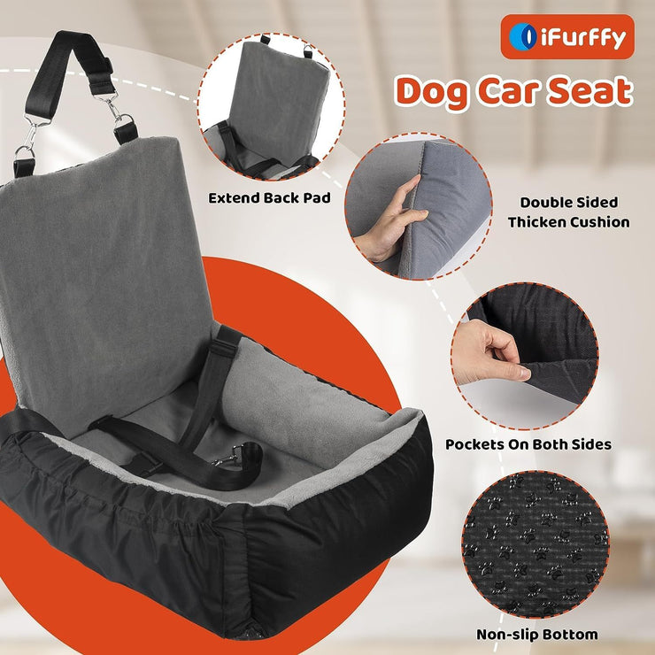 IFurffy dog car seat in gray coral fleece with storage pockets, safety leash, and non-slip bottom for small to medium dogs.