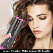 Portable automatic hair curler with ceramic rotating technology, cordless design, and smart heatproof feature for safe hair styling.