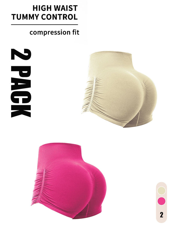 2 Pack Gym Shorts Women, Seamless Yoga Workout Shorts, High-Waisted Scrunch Butt Booty Lifting Athletic Running Shorts-The Joop Basket