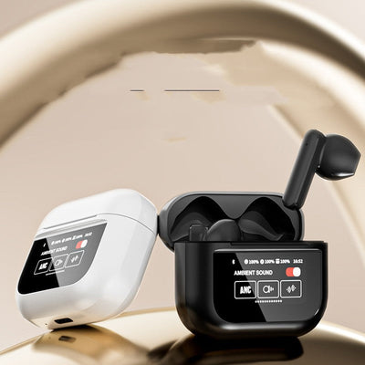 Full-color touch screen Bluetooth headset in black and white, featuring LCD display and ear hook design.