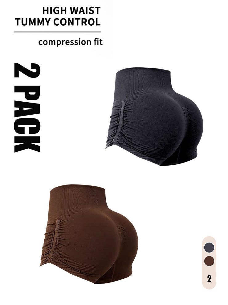 2 pack seamless yoga workout shorts, high-waisted scrunch butt design, black and brown options.