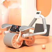 Abdominal wheel with automatic rebound, elbow support, and digital counter in orange color.