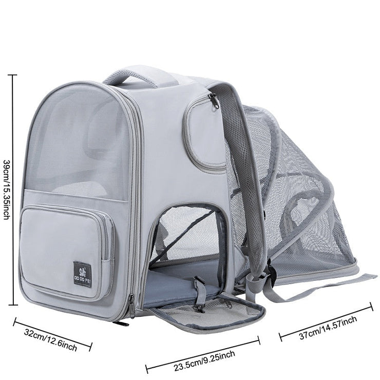 Adventure-ready expandable pet carrier backpack with zip closure, large capacity for cats and dogs, ideal for outings.