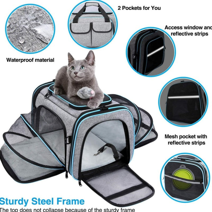 Large soft-sided pet carrier with expandable sides, removable fleece pad, and pockets for cats, dogs, small animals; TSA approved.