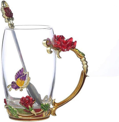 Elegant floral tea mug set with 3D butterfly design, includes spoon, ideal gift for Mother’s Day.
