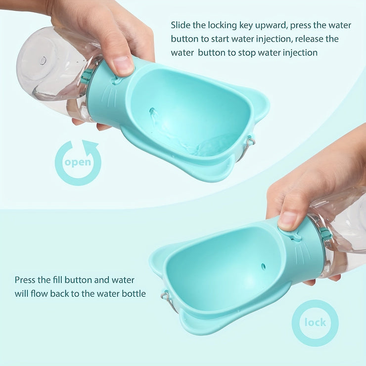 2 In 1 dog water bottle with food container, portable and leak-proof design, blue color.