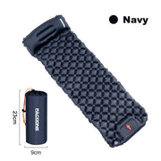 Navy outdoor camping inflatable mattress with built-in pillow and compact carry bag, lightweight and durable for outdoor use