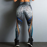 Digital printed yoga pants in geometric pattern with hip lift and sweat-absorbing features.