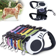 3m and 5m durable dog leash in various colors, showcasing retractable nylon design with ergonomic handle for walks and runs.