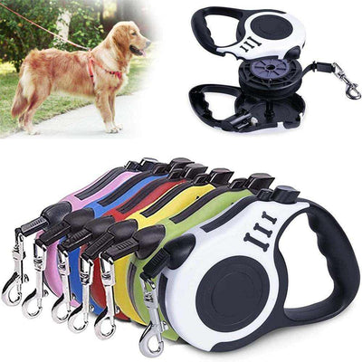 3m and 5m durable dog leash in various colors, showcasing retractable nylon design with ergonomic handle for walks and runs.