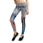 Digital printed yoga pants with geometric patterns, slim fit, hip lift feature.