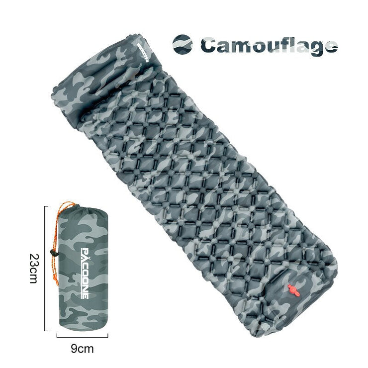 Camouflage outdoor camping inflatable mattress with built-in pillow and compact carrying bag for easy portability