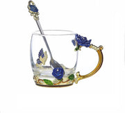 Elegant floral tea mug set with 3D butterfly and rose design, includes matching spoon.