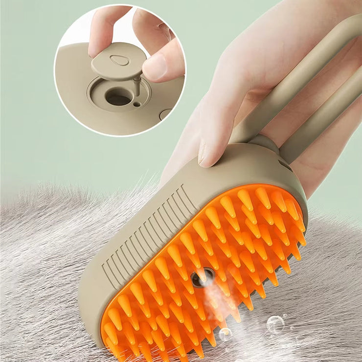 Steam Pet Brush 3-in-1 for Dog and Cat Grooming with Massage, Spray, and Hair Removal.