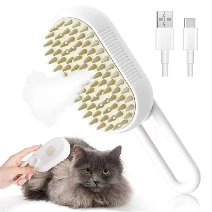 Steam Pet Brush 3-in-1 with massage and steamy spray for grooming cats and dogs, featuring gentle bristles and rechargeable convenience.