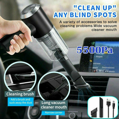 Portable car vacuum cleaner with strong 5500Pa suction, shown in use with various attachments for cleaning car interiors and small spaces.