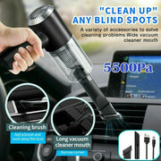 Portable car vacuum cleaner with 5500Pa suction, showing cleaning brush and vacuum cleaner mouth in use.