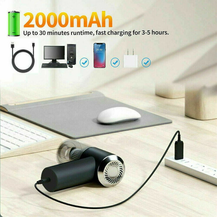 Portable Car Vacuum Cleaner with high power cordless feature, rechargeable, ideal for car interiors, desktops, and small spaces.