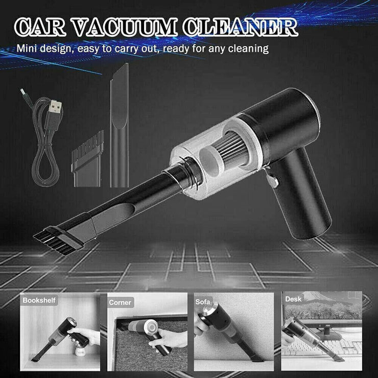 Portable car vacuum cleaner, cordless handheld vacuum for cleaning car interiors, desktops, sofas, keyboards, and small spaces.