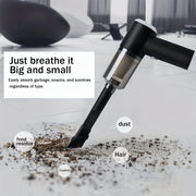 Portable car vacuum cleaning dust and debris on floor.