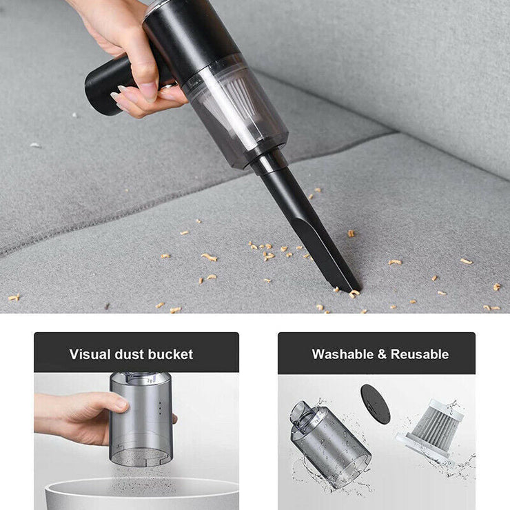 Portable car vacuum cleaner in use on a sofa, showcasing its powerful suction and washable, reusable filter.