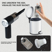 Portable car vacuum cleaner with washable HEPA filter, showcasing dust bucket removal and cleaning process.