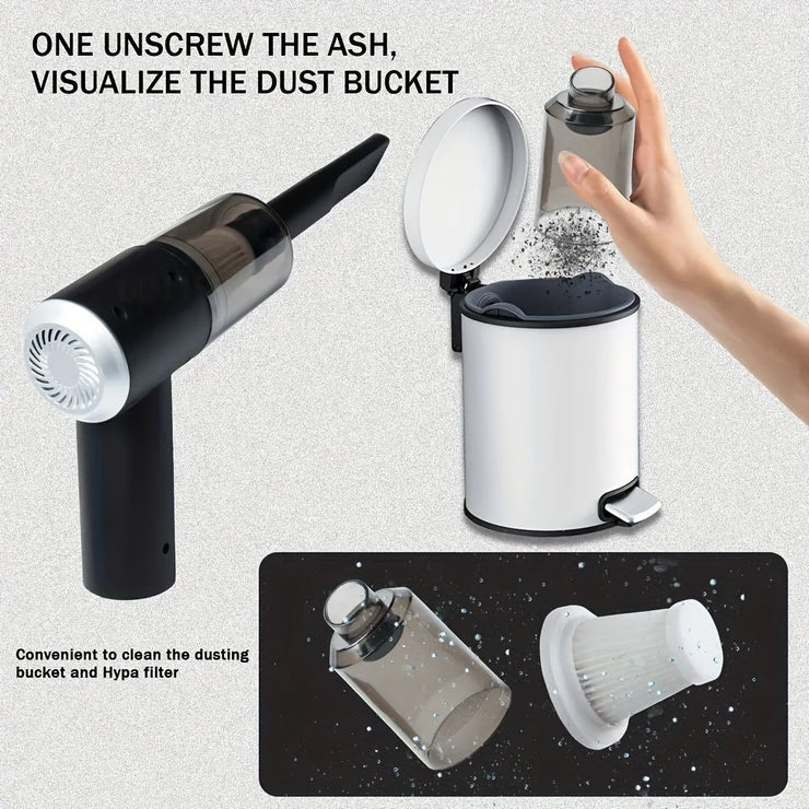 Portable car vacuum cleaner with washable HEPA filter, showcasing dust bucket removal and cleaning process.