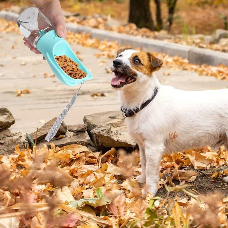 2 in 1 dog water bottle with food container, portable pet water dispenser for outdoor activities.