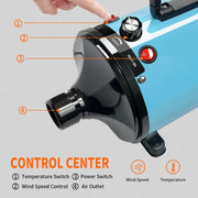 Professional-grade pet grooming blow dryer with adjustable speed and temperature, blue design.