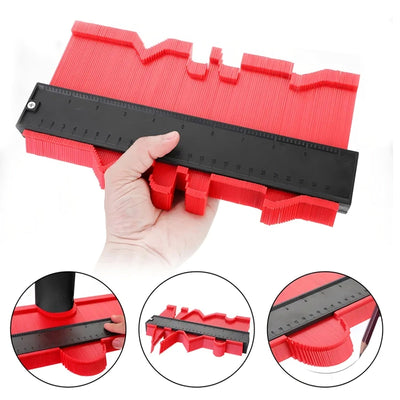 Red contour gauge with black ruler held in hand for precise shape duplication in woodworking and flooring tasks