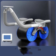 Automatic rebound abdominal wheel with elbow support, featuring blue wheels and gray handles, ideal for fitness and belly slimming.