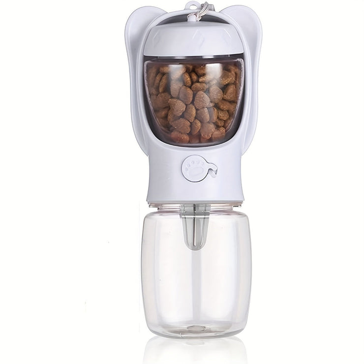 2 in 1 dog water bottle with food container, portable pet water dispenser, leak-proof design for travel.