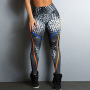 Digital printed yoga pants with geometric pattern, polyester and spandex blend.