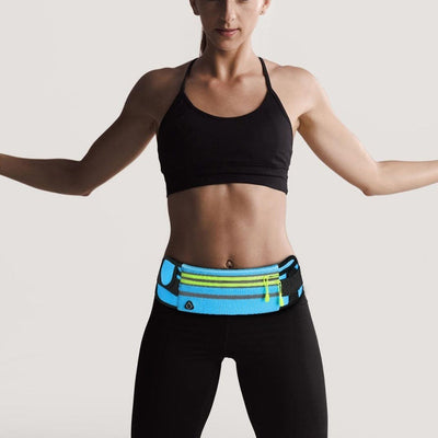 Outdoor fitness waterproof sports waist bag in light blue worn by a person, featuring breathable and wear-resistant material.