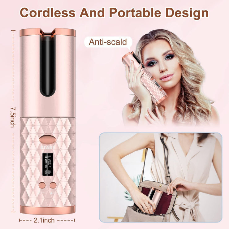 Portable Automatic Hair Curler with cordless and compact design, featuring smart heatproof and anti-tangling technology, perfect for travel.