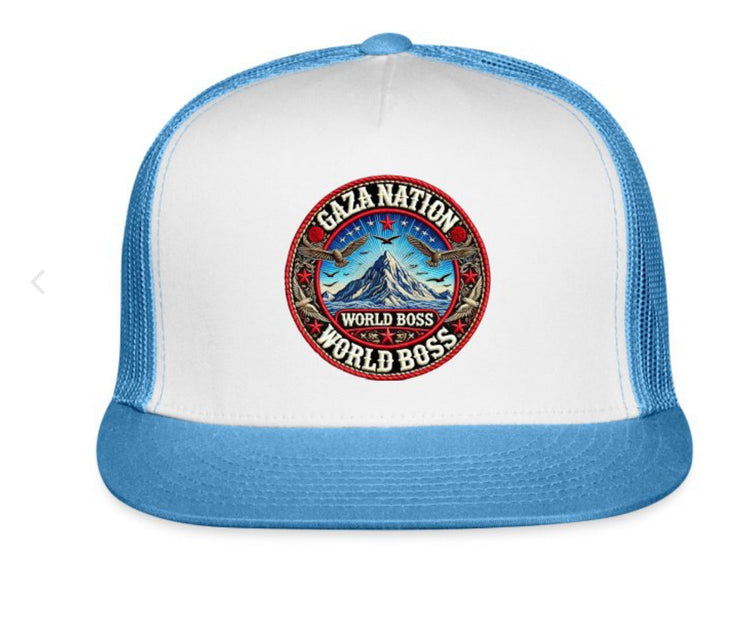 Blue and white Gaza Nation Trucker Hat with World Boss emblem.
