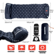 Outdoor camping inflatable mattress with built-in pillow, lightweight, waterproof, and portable design for comfortable outdoor sleeping.