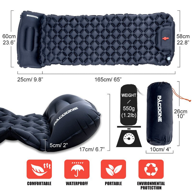 Outdoor camping inflatable mattress with built-in pillow, lightweight, waterproof, and portable design for comfortable outdoor sleeping.