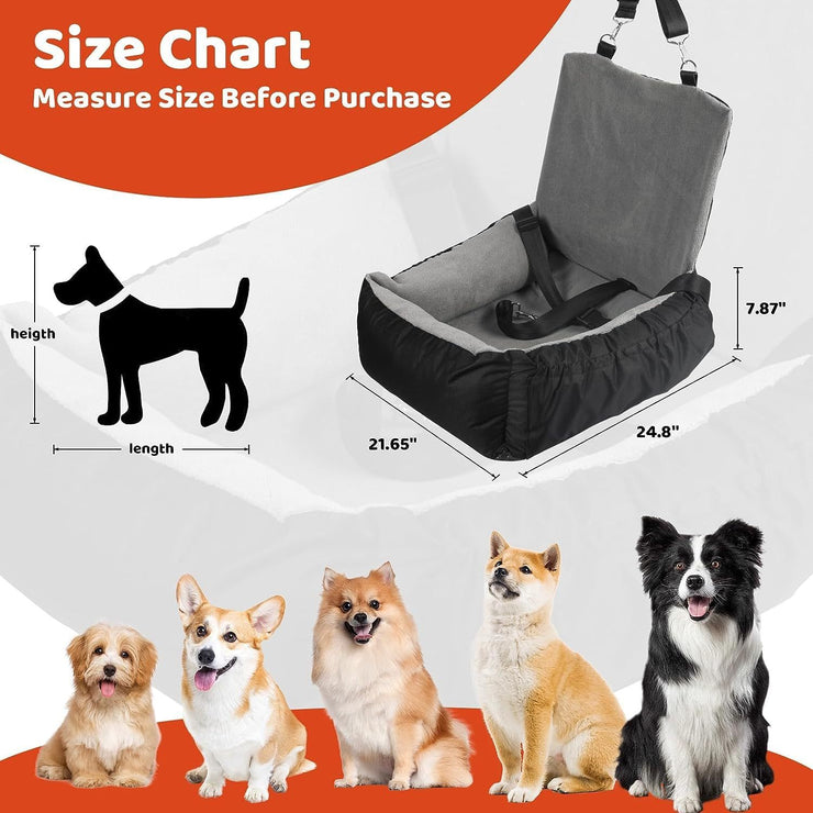 IFurffy gray dog car seat with safety leash and storage pockets for small to medium dogs.