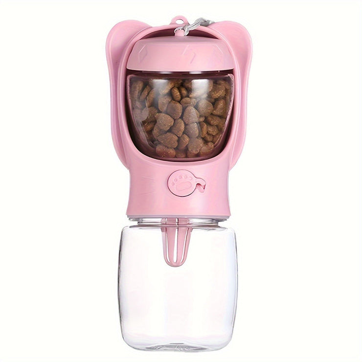 2 in 1 dog water bottle in pink with built-in food container, leak-proof portable design for travel and hiking.