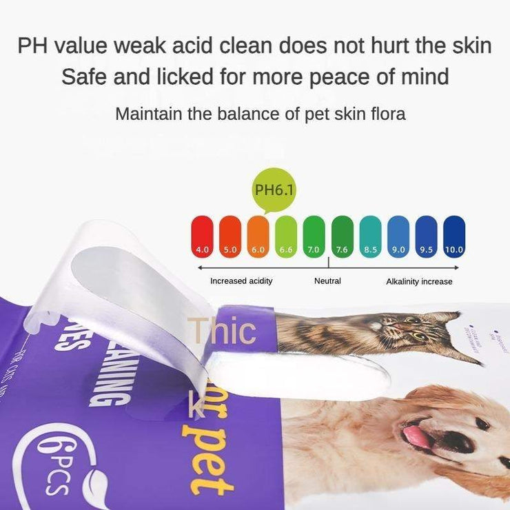 PET cleaning deodorizing wipes with pH 6.1 for safe pet skin care and hygiene.