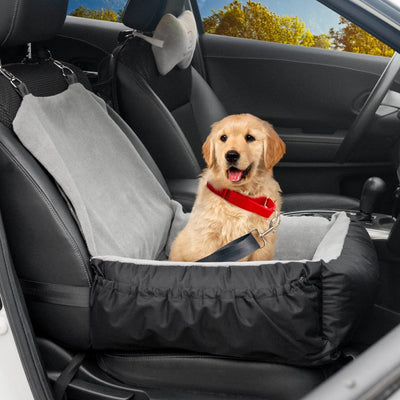 Grey IFurffy dog car seat with coral fleece, storage pockets, and safety leash for small to medium dogs.