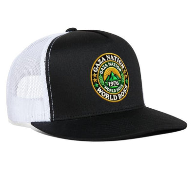 Black and white trucker hat with Gaza Nation World Boss patch.