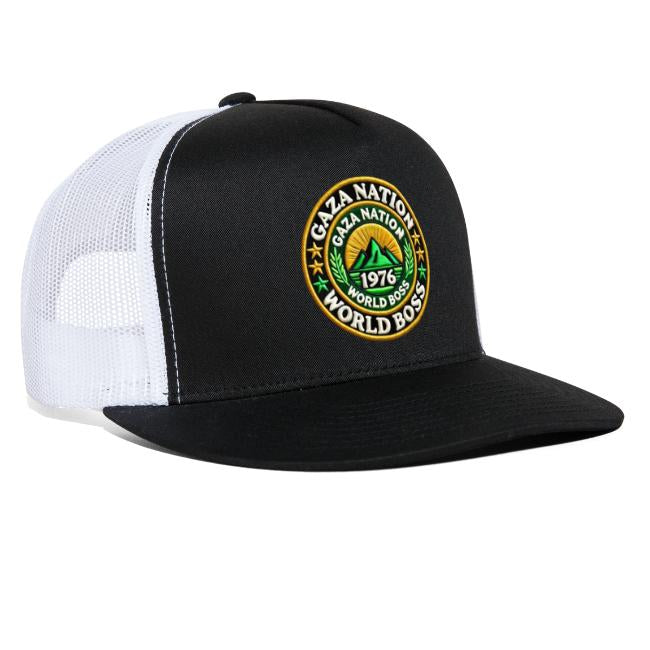 Black and white trucker hat with Gaza Nation World Boss patch.