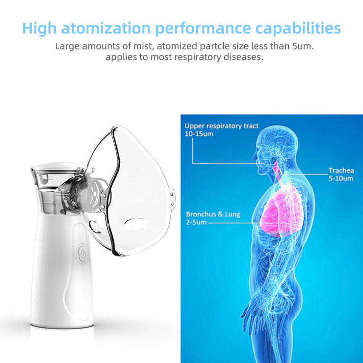 Handheld nebulizer producing fine mist for deep respiratory treatment and relief